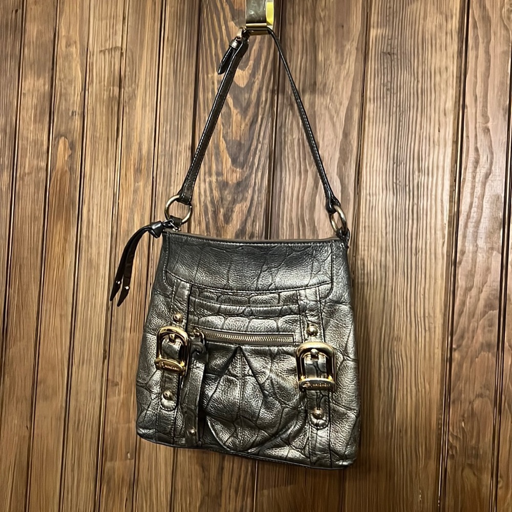 B. Makowsky Genuine Leather Gold Metallic Bag with FUN Leopard Lining!